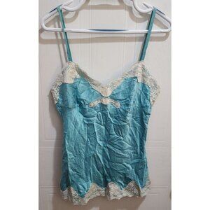 American Exchange Women's Y2K Style Tank Top 100% Silk Lace Hems Blue Size L